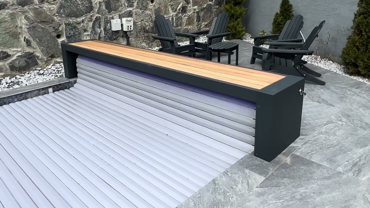 Poolcotec Prestige bench-type automatic pool cover with Iroko wood